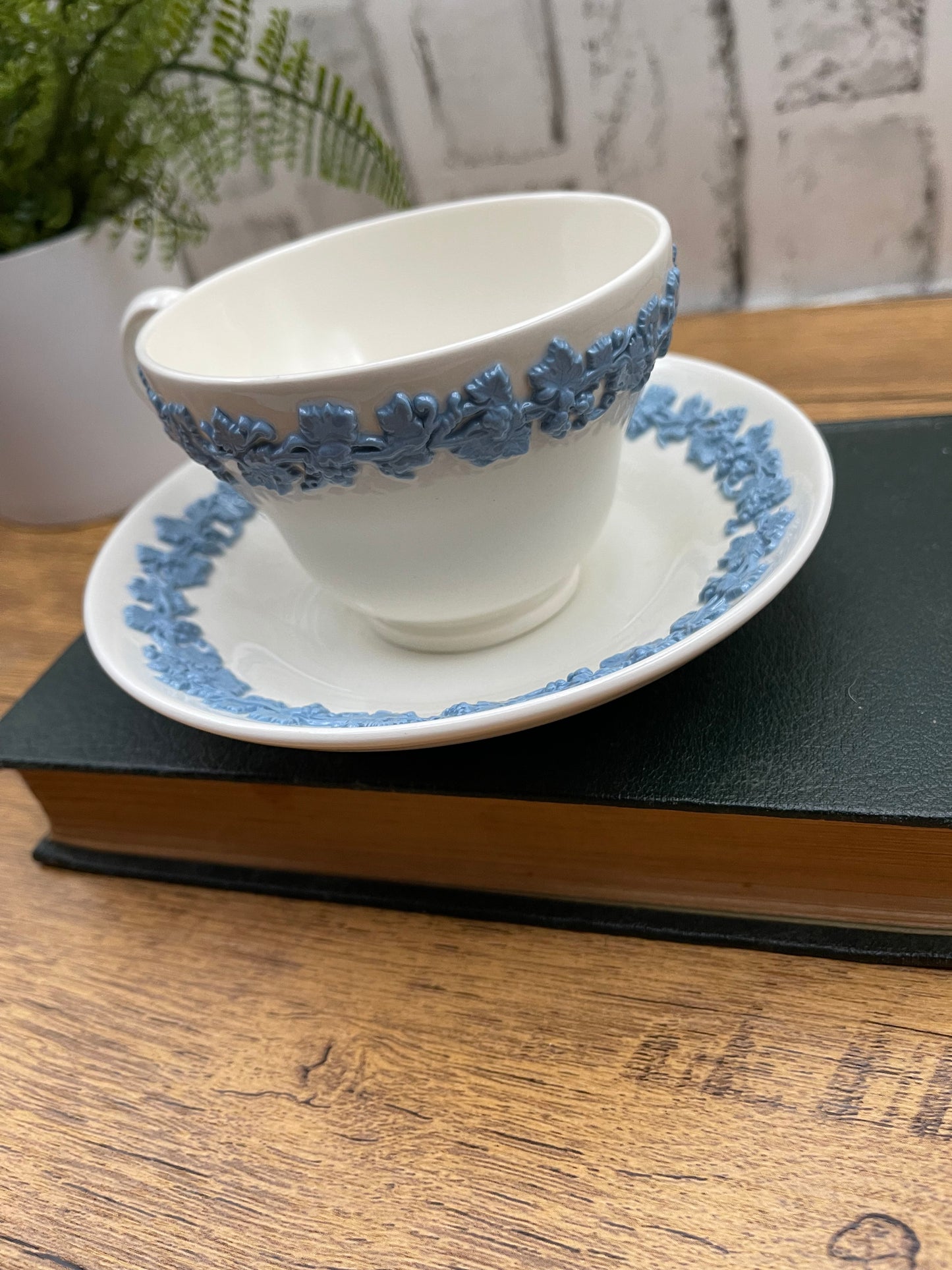 Wedgewood Embossed Queensware Cup & Saucer Lavender on Cream