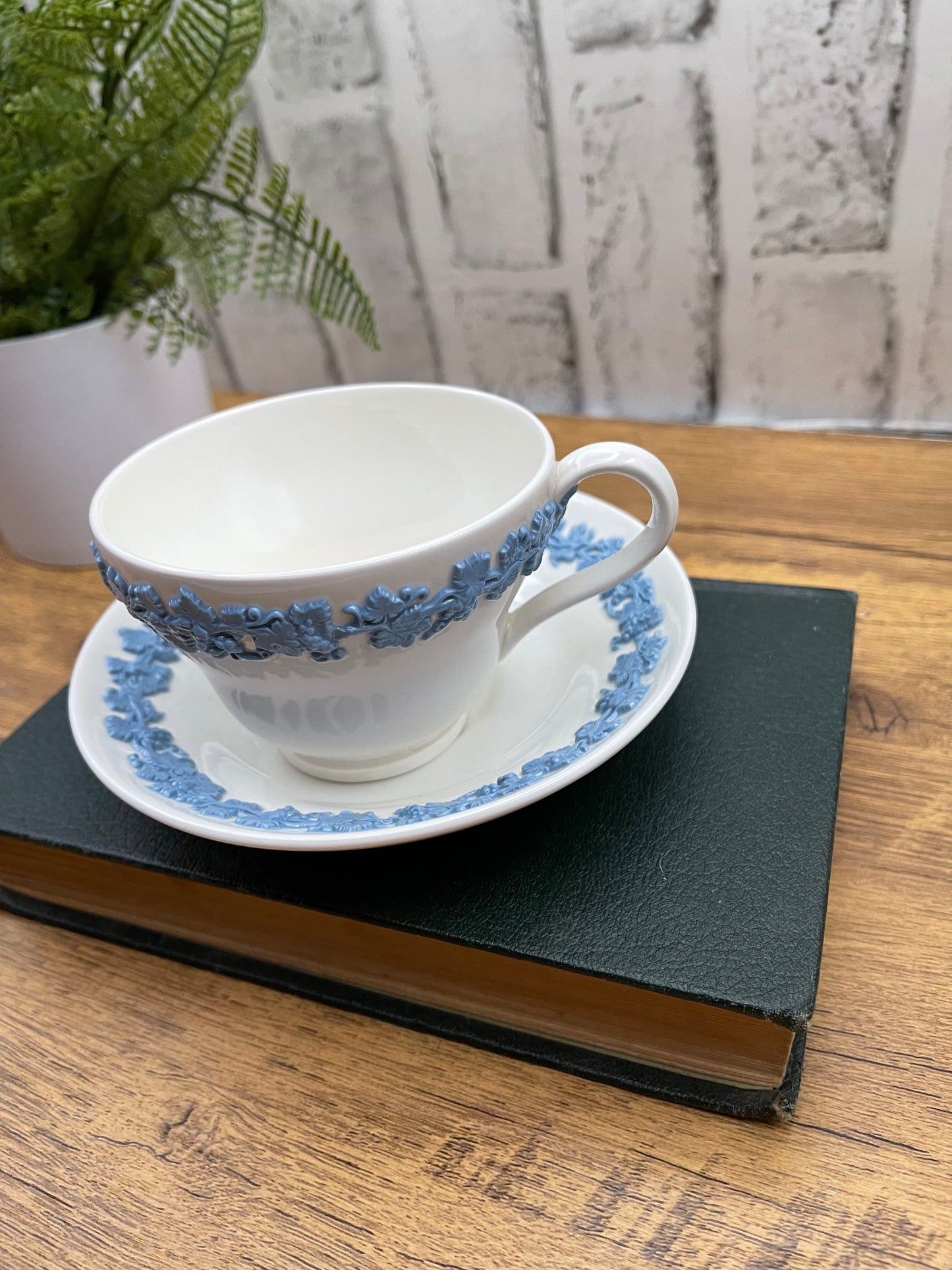 Wedgewood Embossed Queensware Cup & Saucer Lavender on Cream