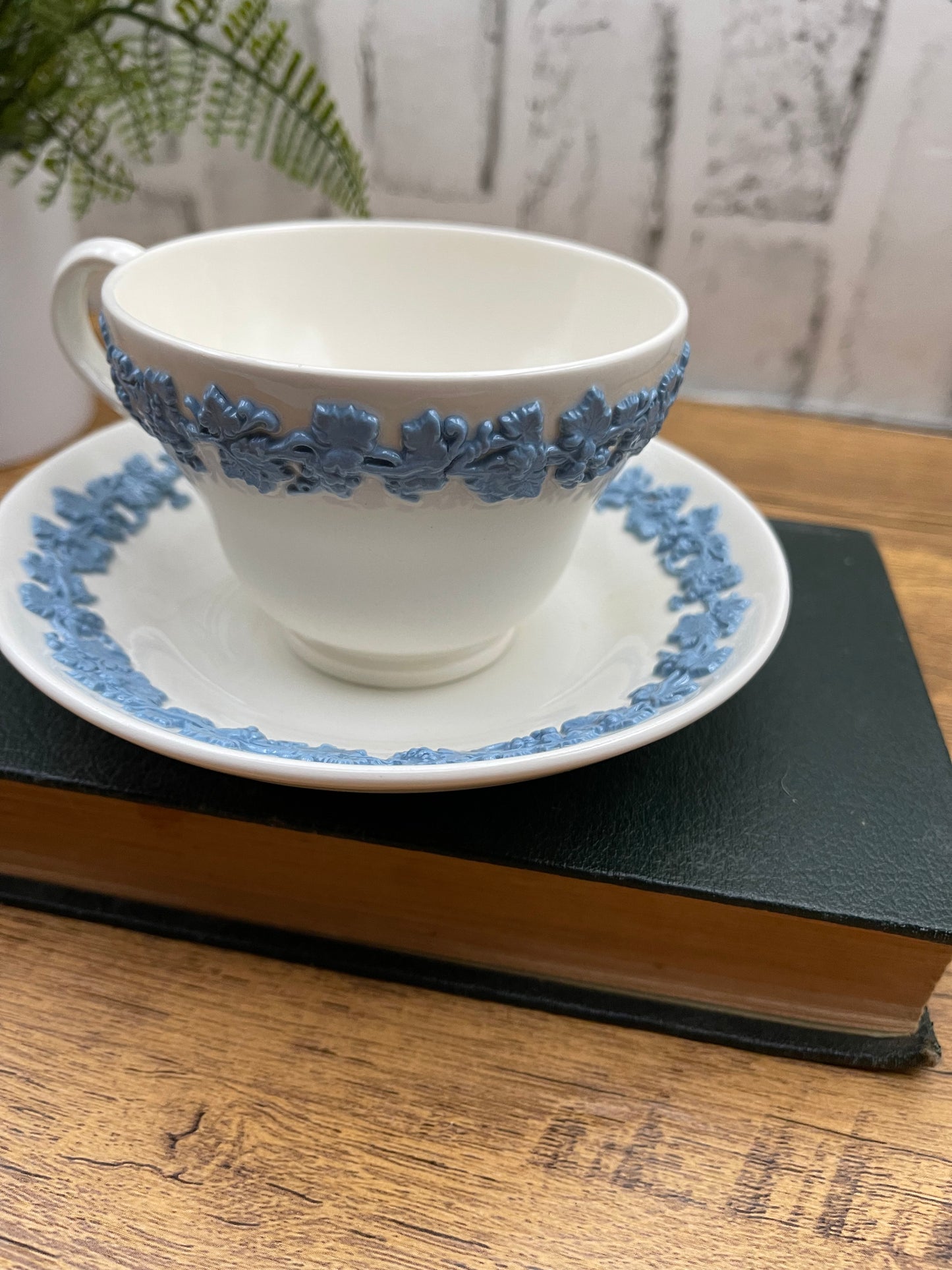 Wedgewood Embossed Queensware Cup & Saucer Lavender on Cream