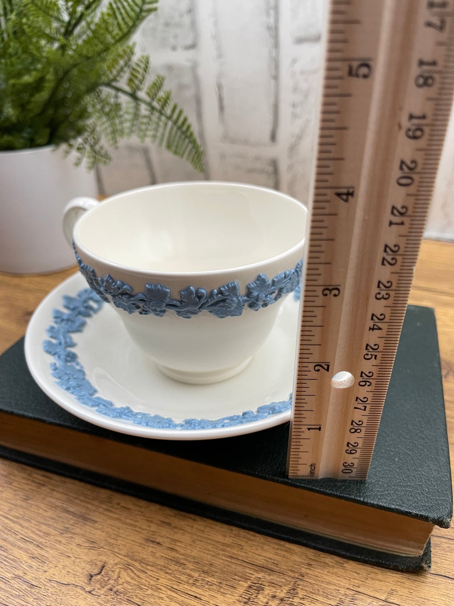 Wedgewood Embossed Queensware Cup & Saucer Lavender on Cream