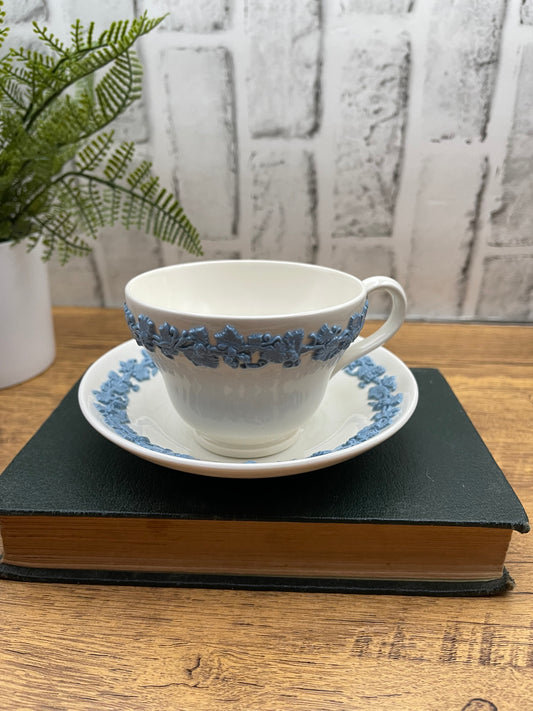 Wedgewood Embossed Queensware Cup & Saucer Lavender on Cream