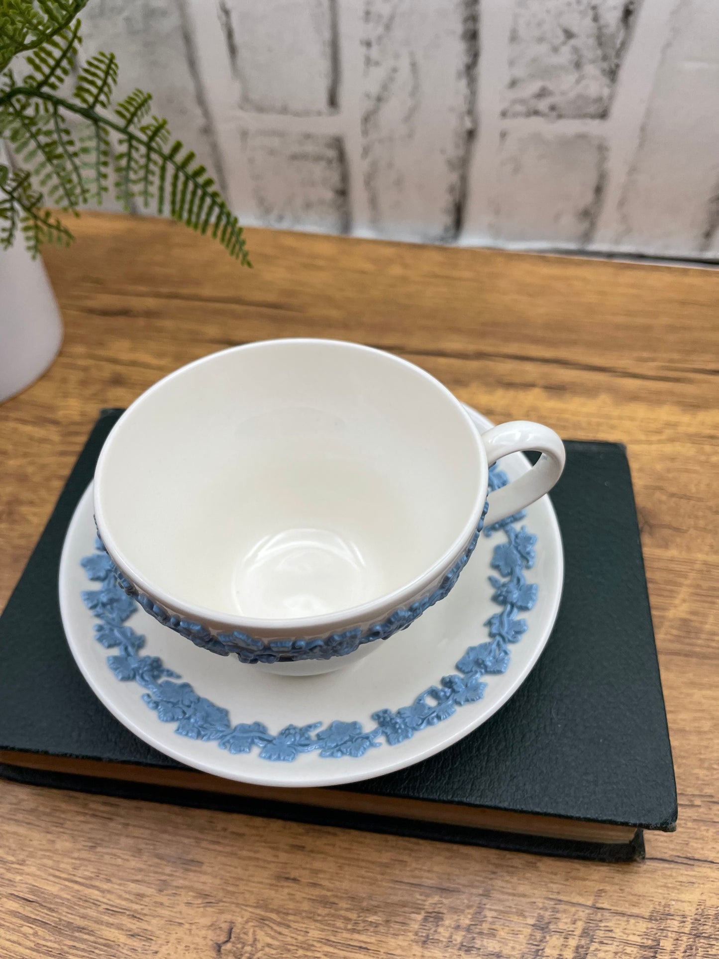 Wedgewood Embossed Queensware Cup & Saucer Lavender on Cream